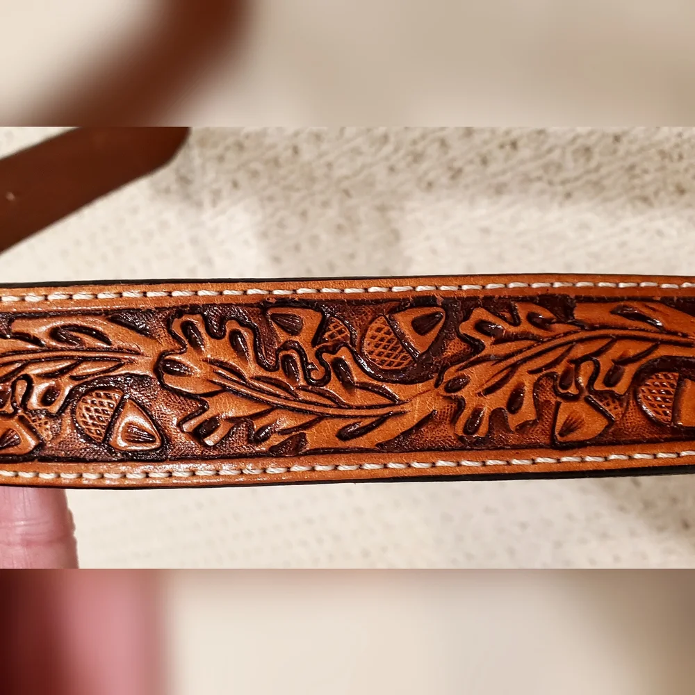 Vogt Russet Brown Hand Tooled Acorn/Leaf Leather Belt, 48